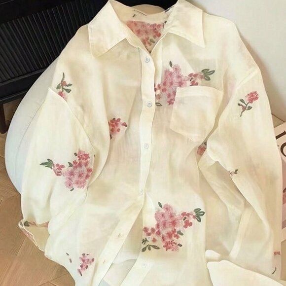 MODA ME COUTURE Tops - Apricot Casual Women's Romantic Embroidered Floral Long Sleeve Button-Up Shirt